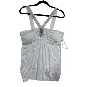 Y2K Vanity Beaded Embellished‎ Babydoll Tank Top White XL USA Made Vintage